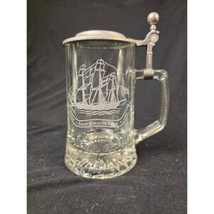Vintage‎ ALWE W Germany Glass Beer Stein Ship Grand Turk Salem 1786 Pewter Lid